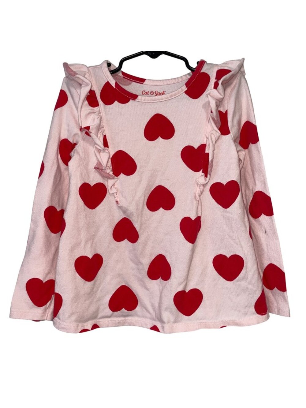 Cat & Jack Girls 5T Long Sleeve Pink & Red Heart Print Ruffle Top